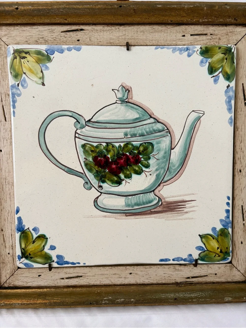 Vintage tea party pot painted tile ceramic wood frame home decor wall art